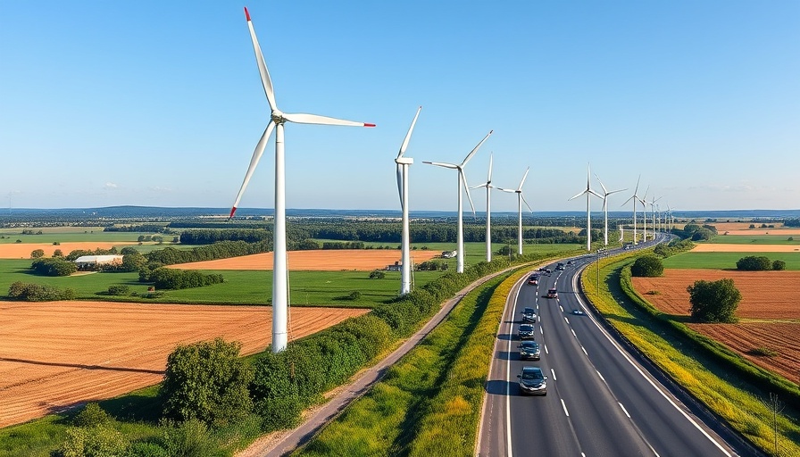 Wind turbines over UK highway highlight renewable energy.