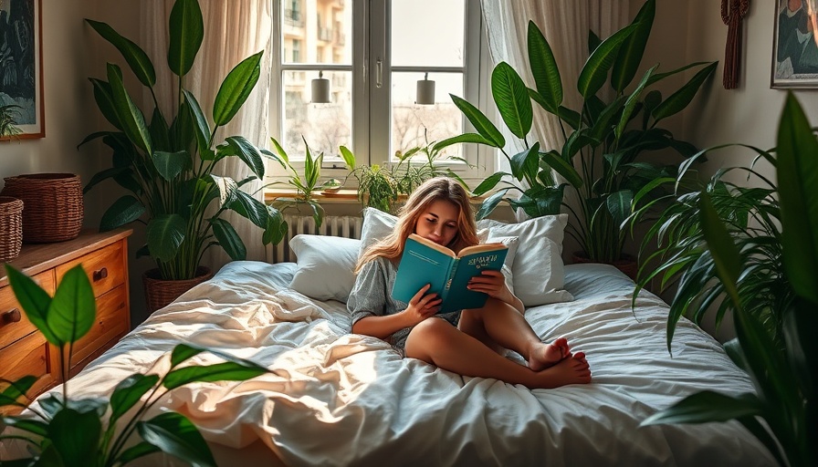 Cozy bedroom with plants for bedrooms, woman reading contently.