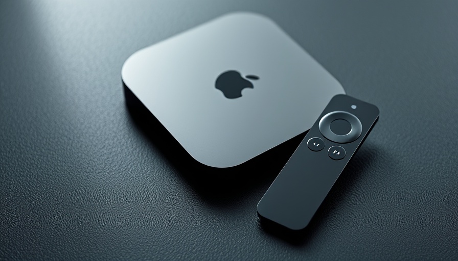 Apple device and remote highlighting tvOS 26 update features on textured surface.