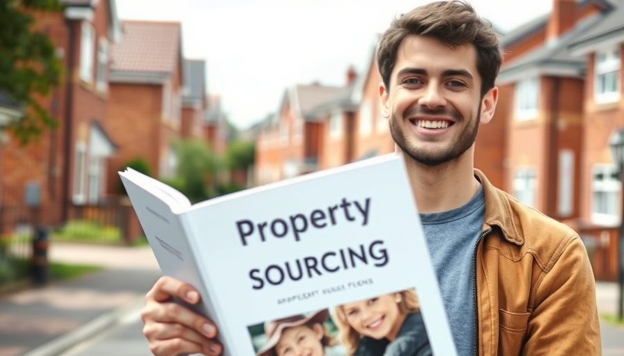 Smiling man with property sourcing book on suburban street