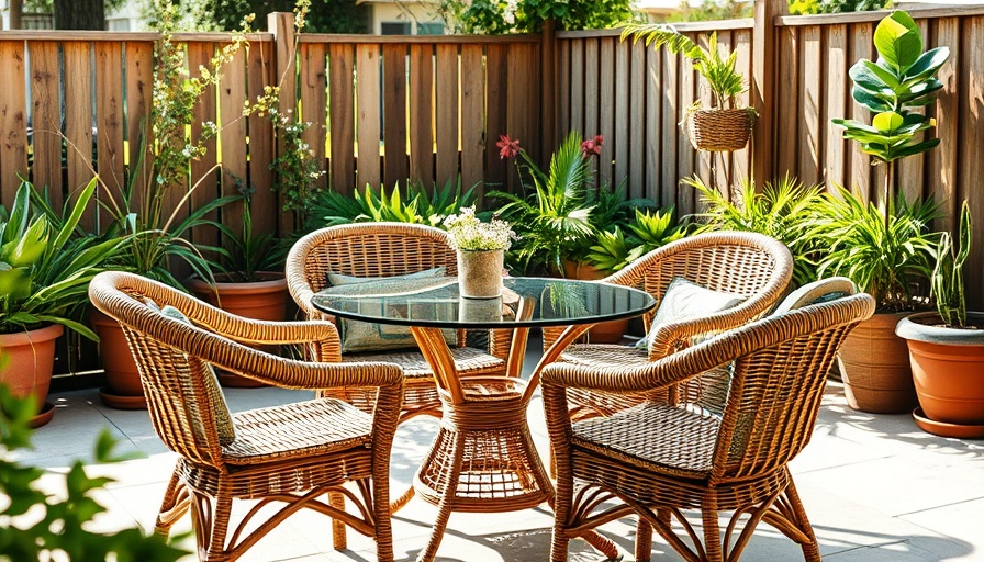 Stylish Mykonos Rattan Bistro Set on a sunny garden patio with plants.