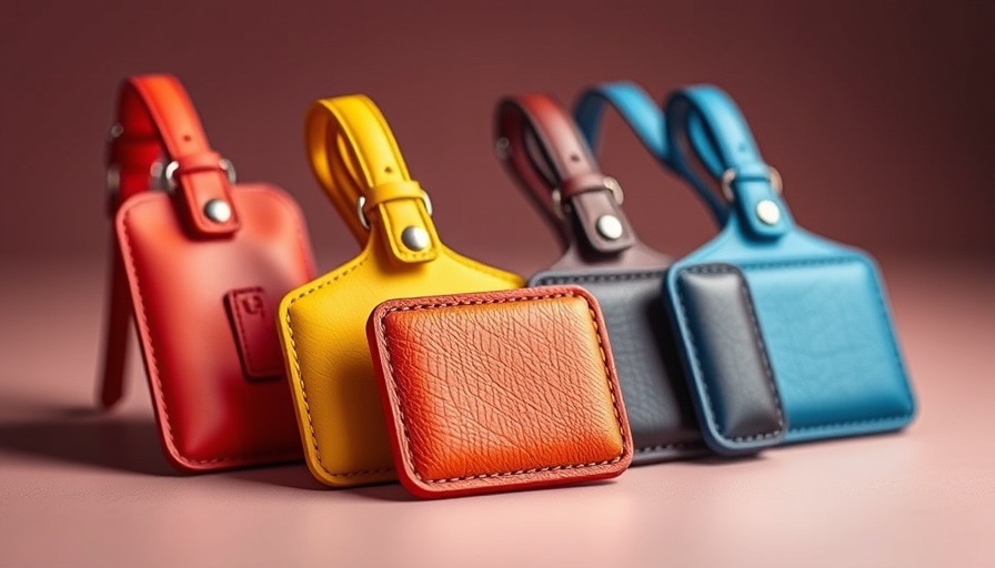 Colorful leather air tag holders displayed in vibrant modern design.
