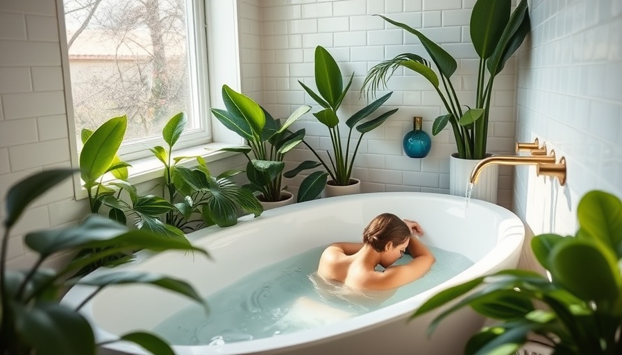 Serene bathroom with green plants for a soothing soak.
