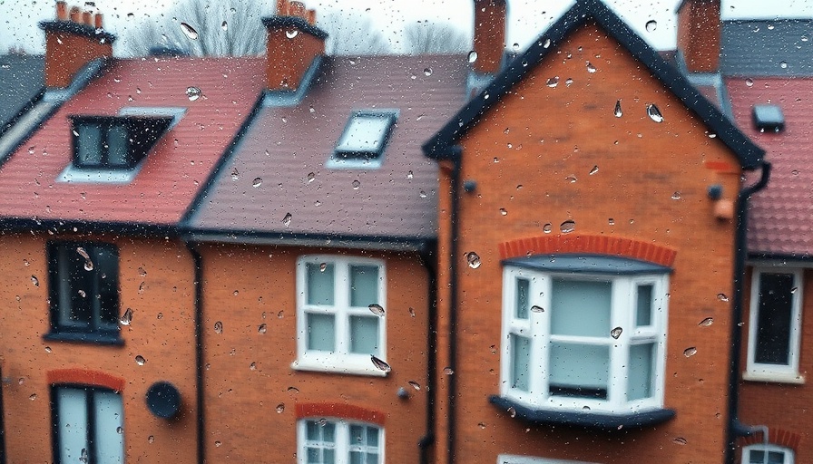 Condensation on window in a bedroom overlooking houses.