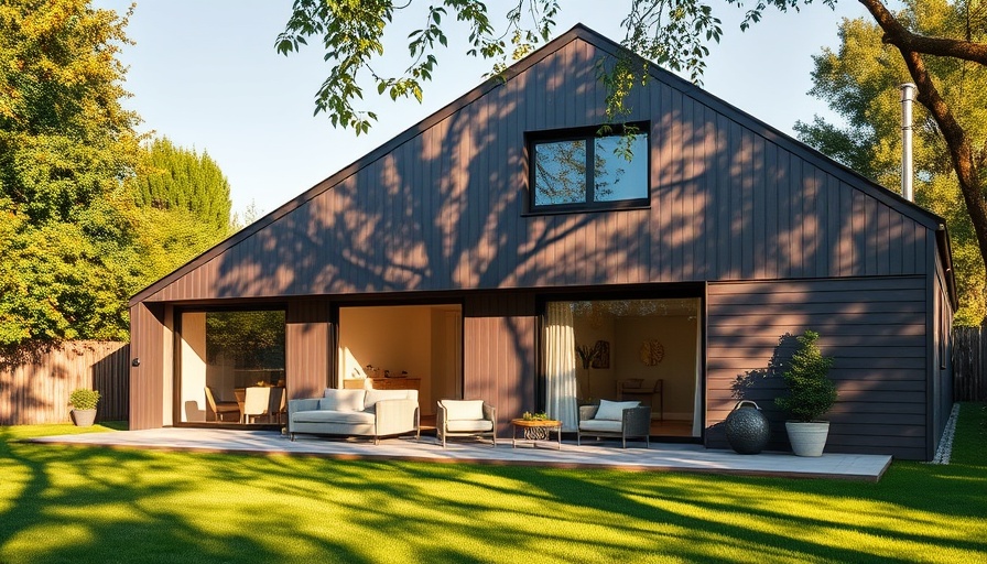 Modern house with painted thermally modified wood cladding and sunlit patio.