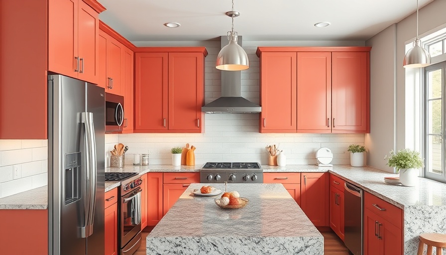 Contemporary Camden apartment kitchen for sale with coral cabinets.