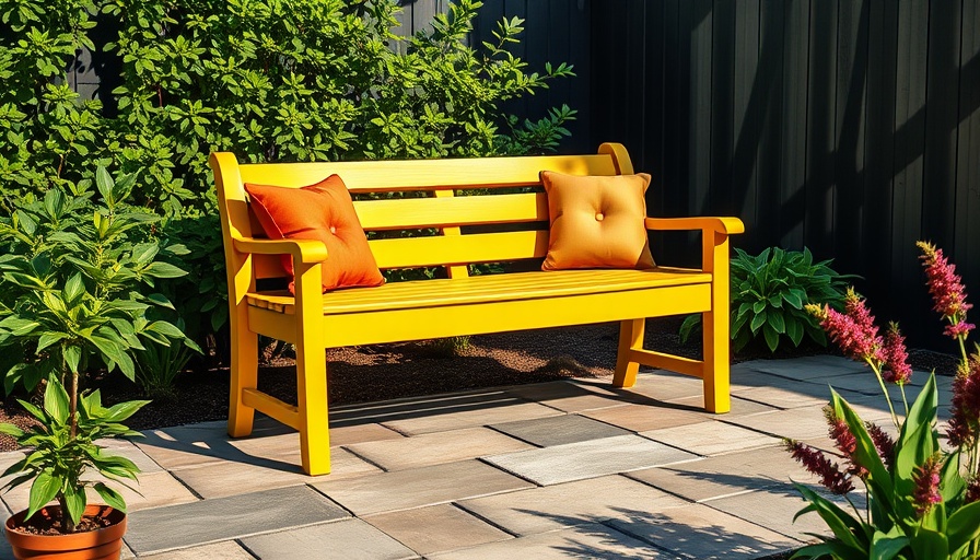 Bright yellow Habitat Indu garden bench with colorful cushions in garden setting.