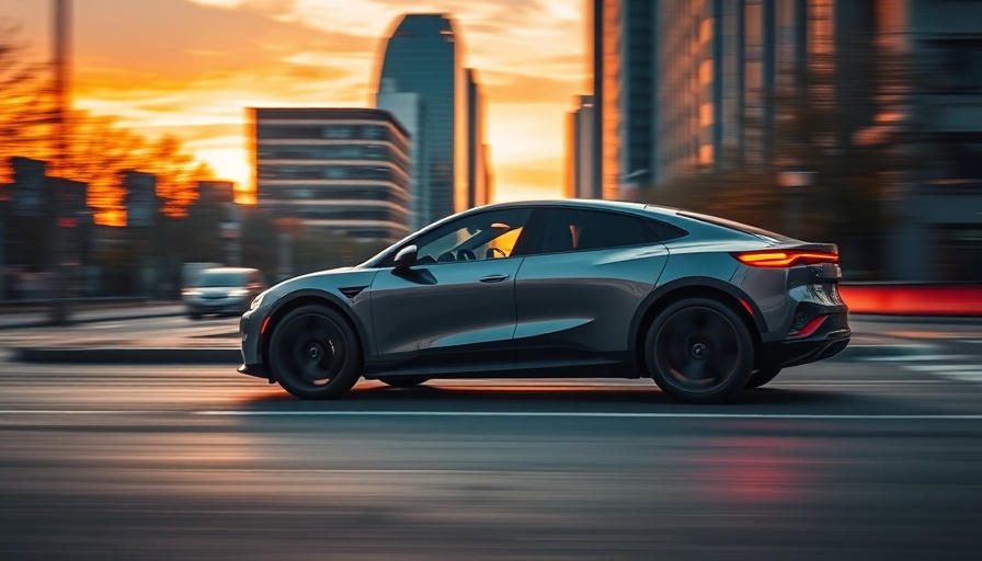 Sleek electric car driving at dusk with futuristic design elements.