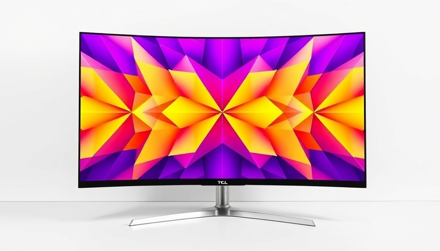 TCL 57-inch dual 4K curved monitor with vibrant geometric display