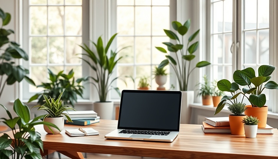 Modern workspace with plants and laptop in a bright setting.