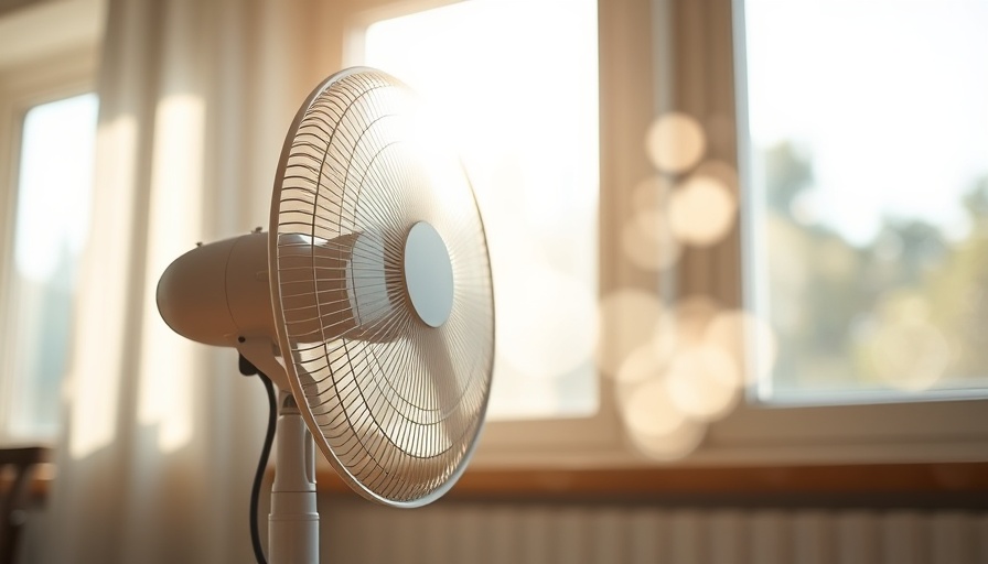 White standing fan by window with sunlight in serene home setting.