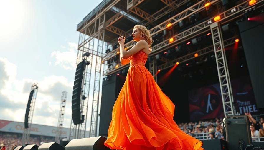 Performer in vibrant dress singing onstage during a concert.