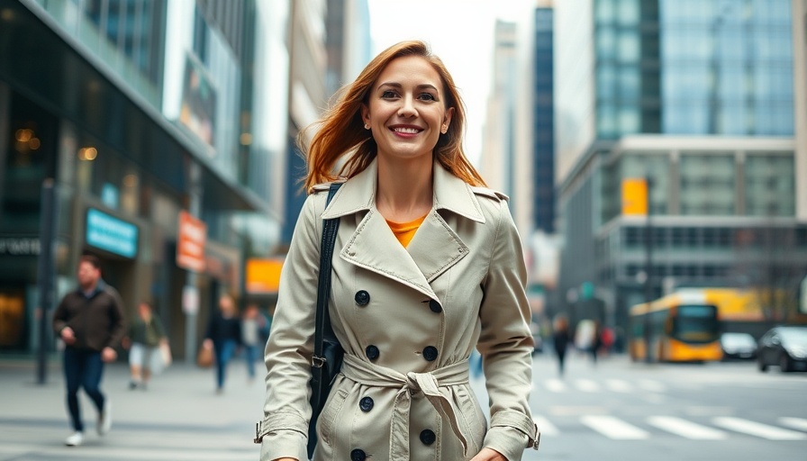 Woman smiling and walking in a city setting.
