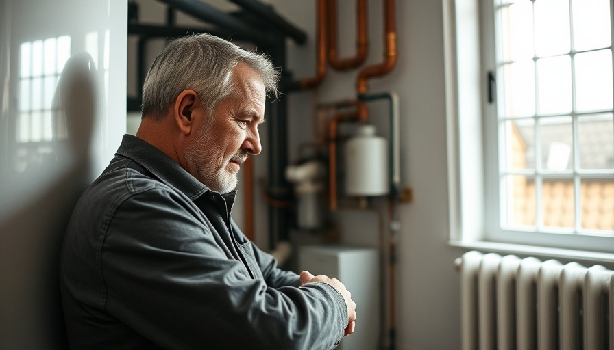Middle-aged man repairing boiler, interior home setting.