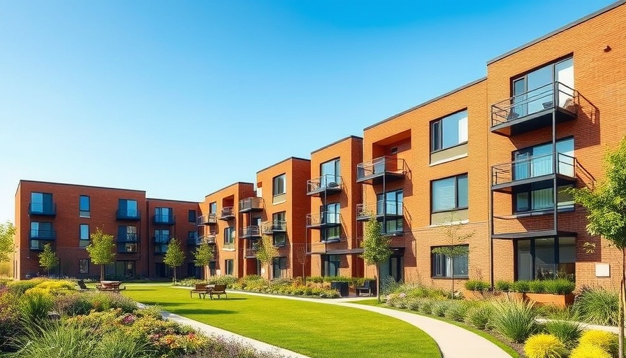 Contemporary residential area with brick buildings and gardens under clear sky.