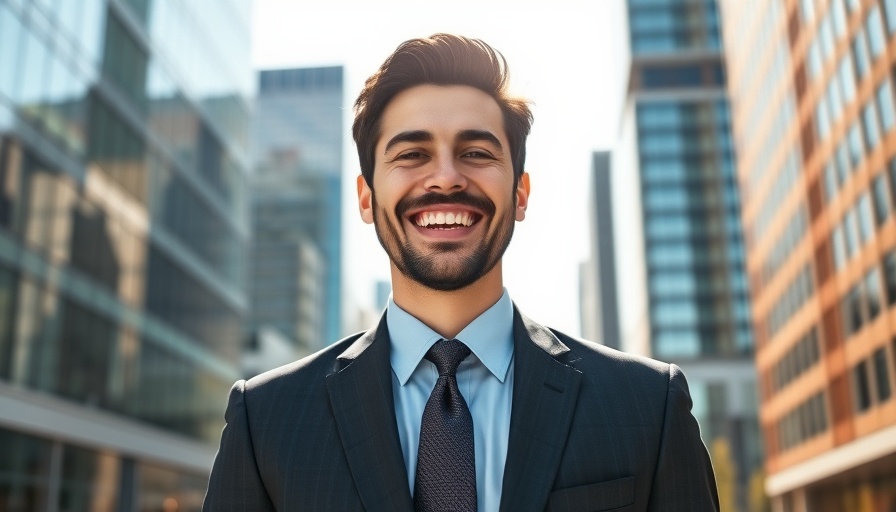 Smiling businessman enjoying a sunny day in a cityscape, related to employee share schemes.