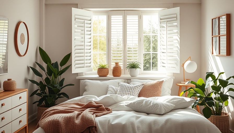 Bright serene bedroom with DIY air conditioner hack idea, cozy and modern.