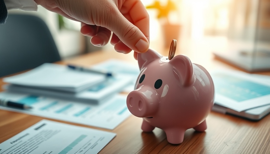 Hand placing coin in piggy bank on desk for Free Stuff Guide.