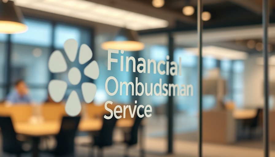 Financial Ombudsman Service logo on glass wall, soft reflections.