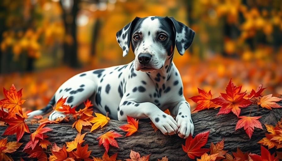 Curious dalmatian in autumn leaves, related to ready-made stem cell therapies for pets.