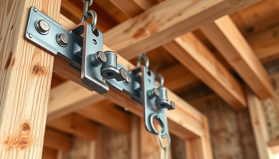 Heavy-duty joist hangers and timber connectors on wooden structure.