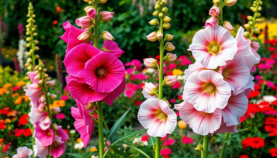 Blooming hollyhocks garden perfect for sowing biennial plants now.