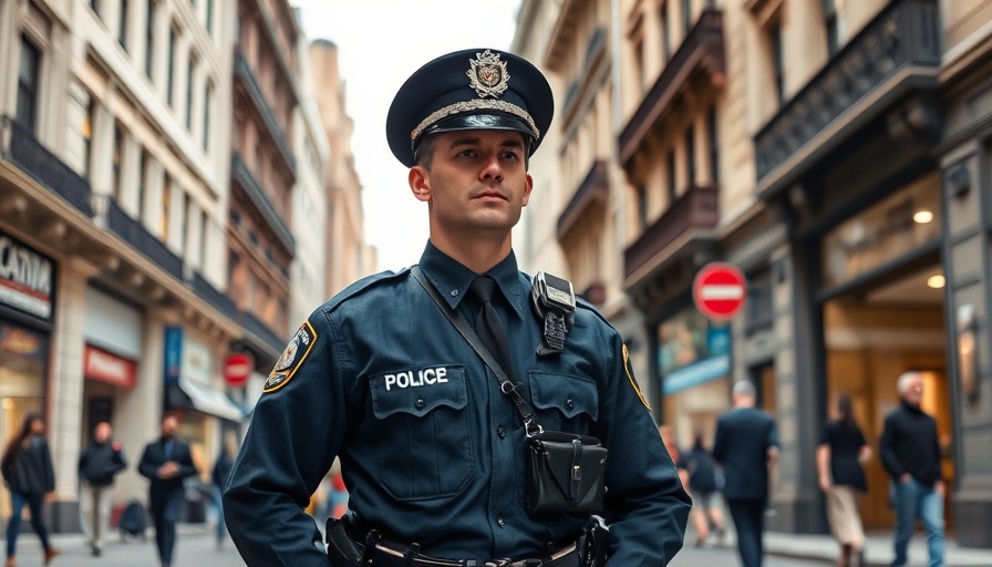 Police officer patrolling bustling street, London architecture.
