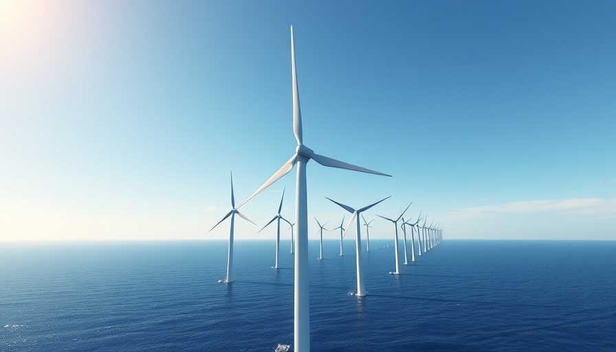 Aerial view of Mona offshore wind farm, rotating wind turbines over the ocean.