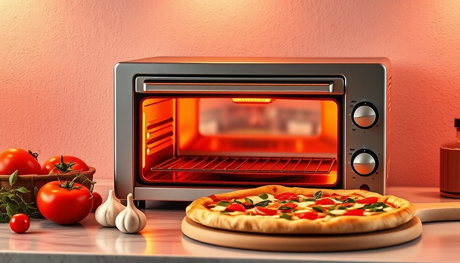 Modern gas pizza oven with fresh ingredients on counter.
