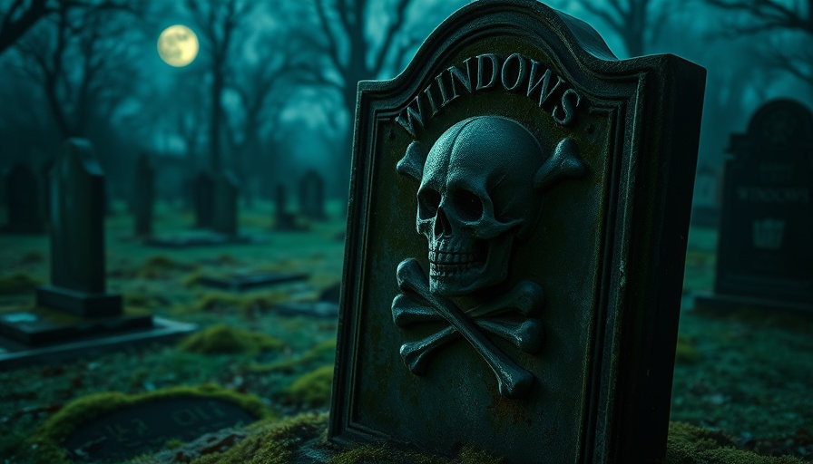 Eerie tombstone with Windows logo in moonlit graveyard.