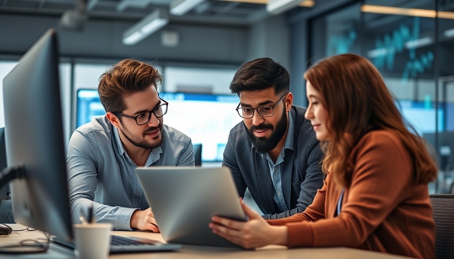 Professionals analyzing data on a laptop in a modern office for environmental AI projects.