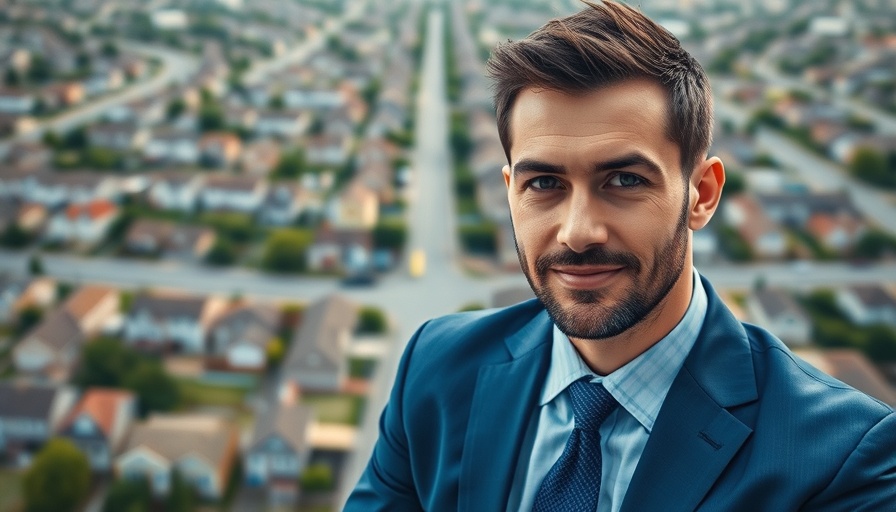 Professional man discussing rental properties overlayed on an aerial view.