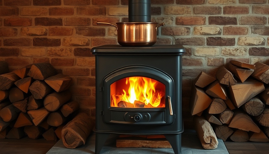 Cozy wood-burning stove with logs and pan, sustainable living concept.