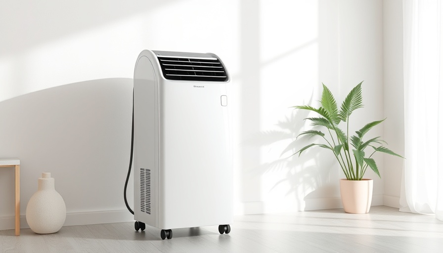 Modern portable air conditioner in stock, enhancing minimalist room.