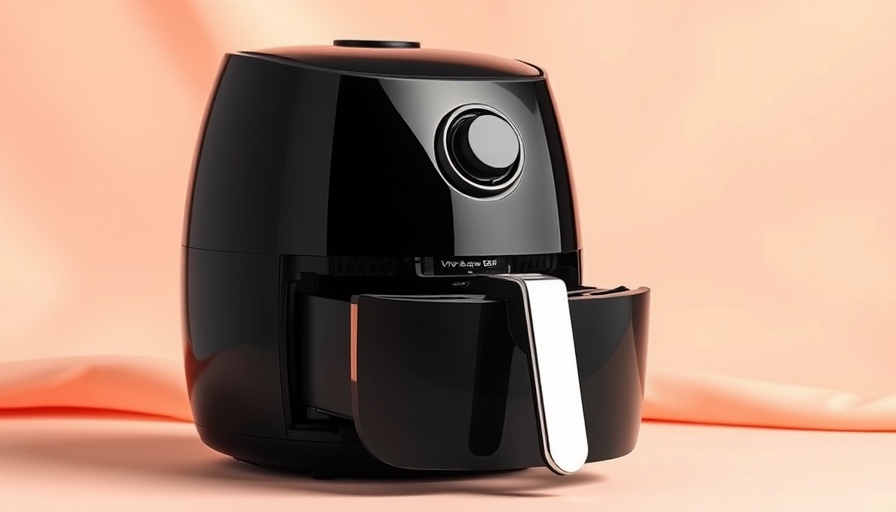Sleek black outdoor air fryer on a pastel background for BBQ season.