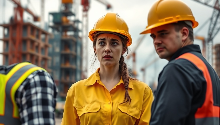 Concerned female construction worker confronted by male colleague, highlighting sexual harassment in construction.