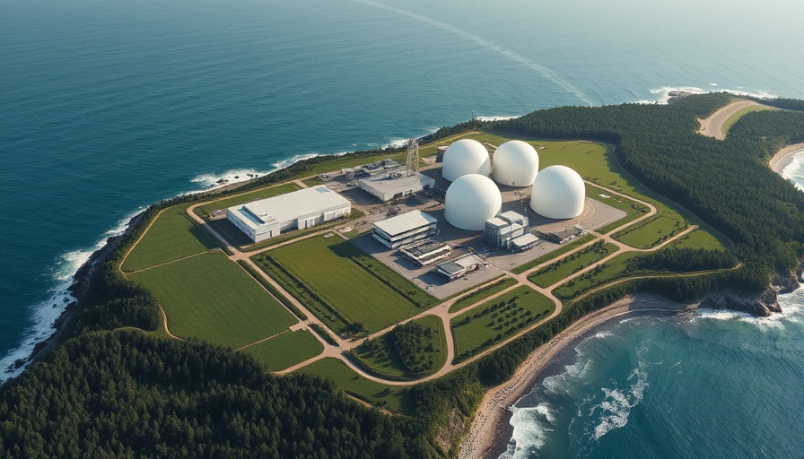 Model representation of EDF Sizewell C stake, overlooking green fields and coast.