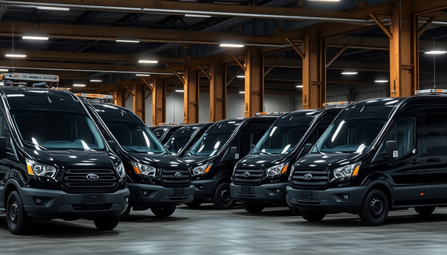 Black construction fleet vans parked in a garage with dim lighting.