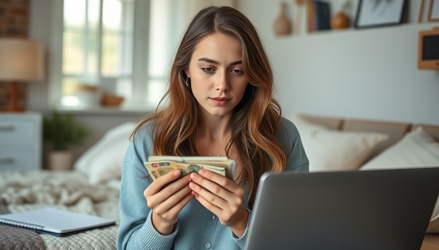 Woman counting cash on bed with laptop and notebook.