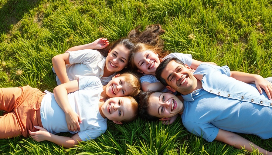 Family enjoying outdoor summer lying on grass smiling.