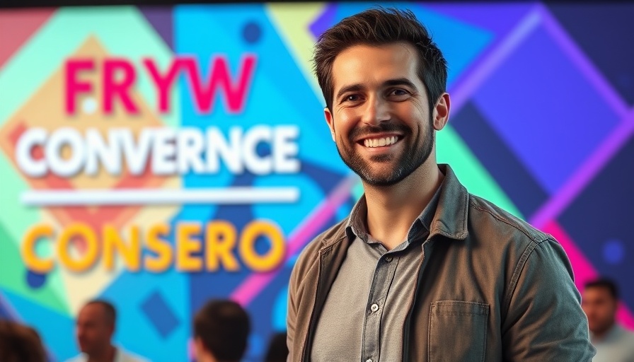 Promotional banner for Tech Disrupt event with man smiling, AI and design in financial services theme.