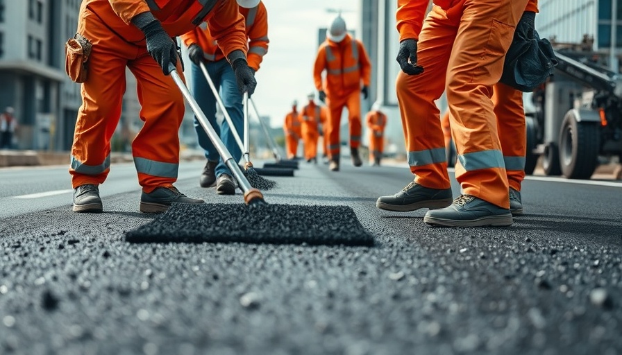 Construction workers spreading asphalt, illustrating construction slowdown impact.