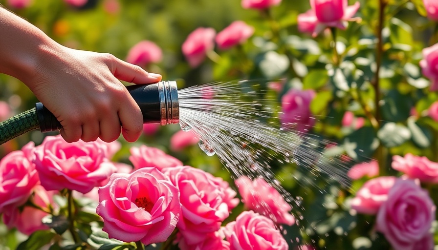 Hand watering roses with garden hose in bright sunlight.
