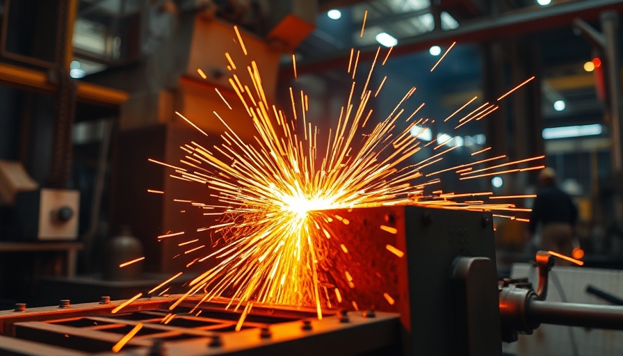 Intense steel processing with flying sparks in the factory scene.