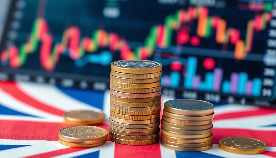 UK economy interest rates represented by coins and graphs with a British flag.