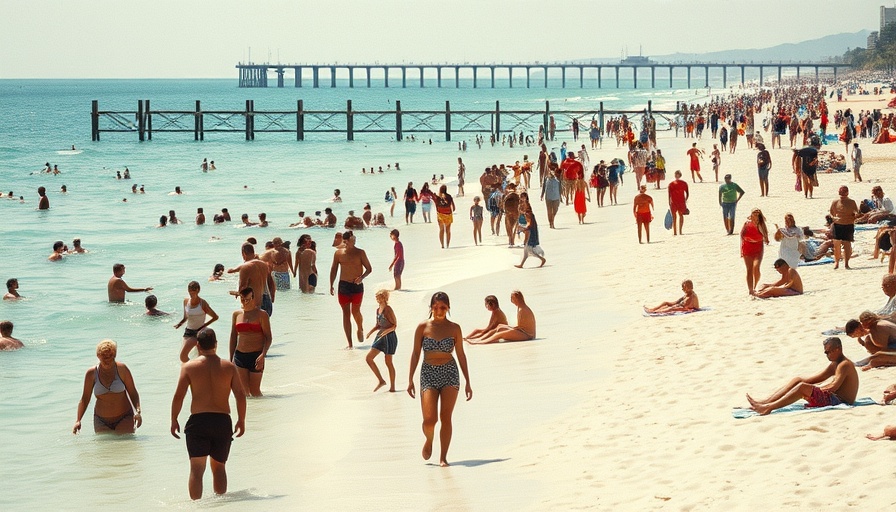 Crowded beach day with people and pier in background.