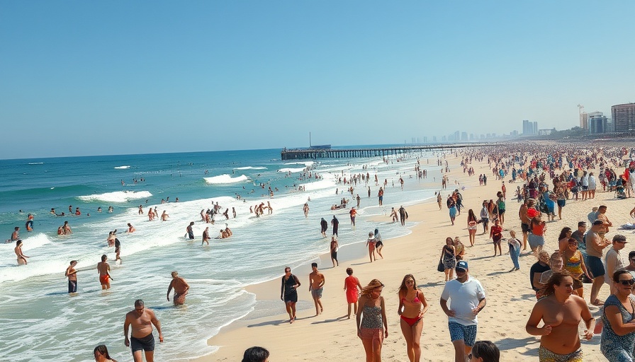 Beachgoers enjoying the seaside on a sunny day near a pier.