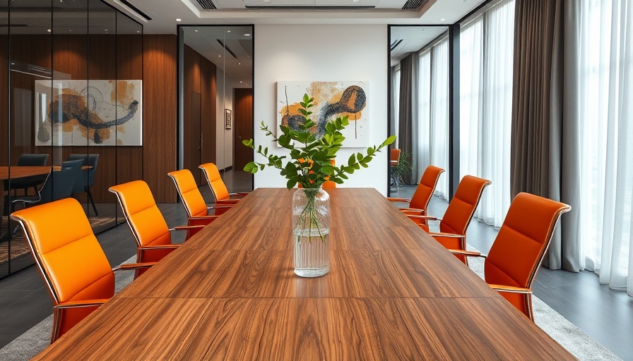Modern conference room setup with sleek design and orange chairs.