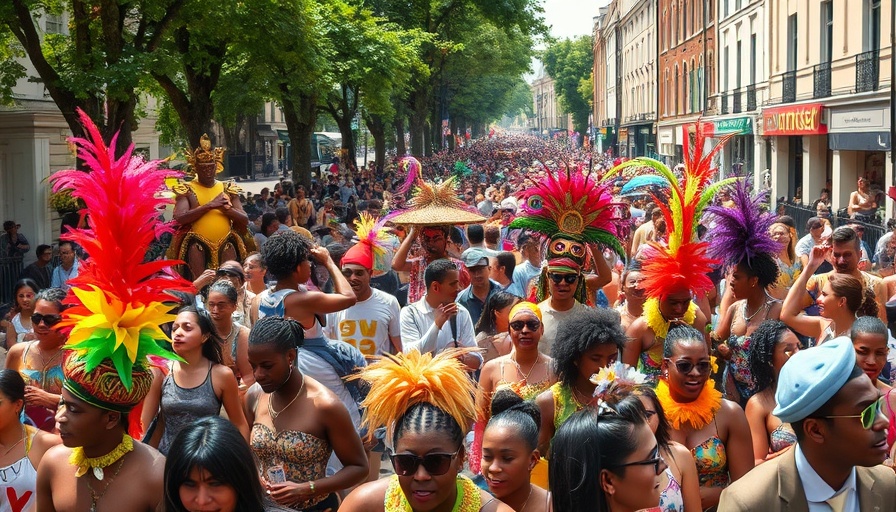 Vibrant Notting Hill Carnival scene with colorful crowd celebrating.