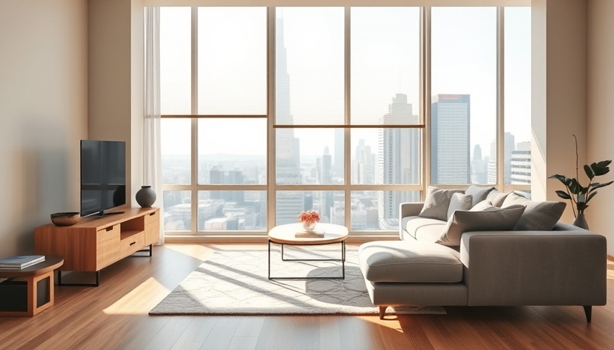 Modern living room with electric blinds and city view for homes.
